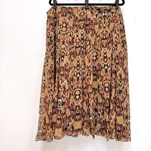 Jones New York 100% Silk Midi Skirt Abstract Tribal Print Boho Brown Tan 24W
